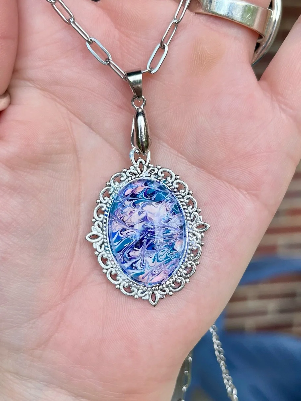 Handmade Silver Filigree Pendant Necklace Purple Blue pink white Swirl Cabochon